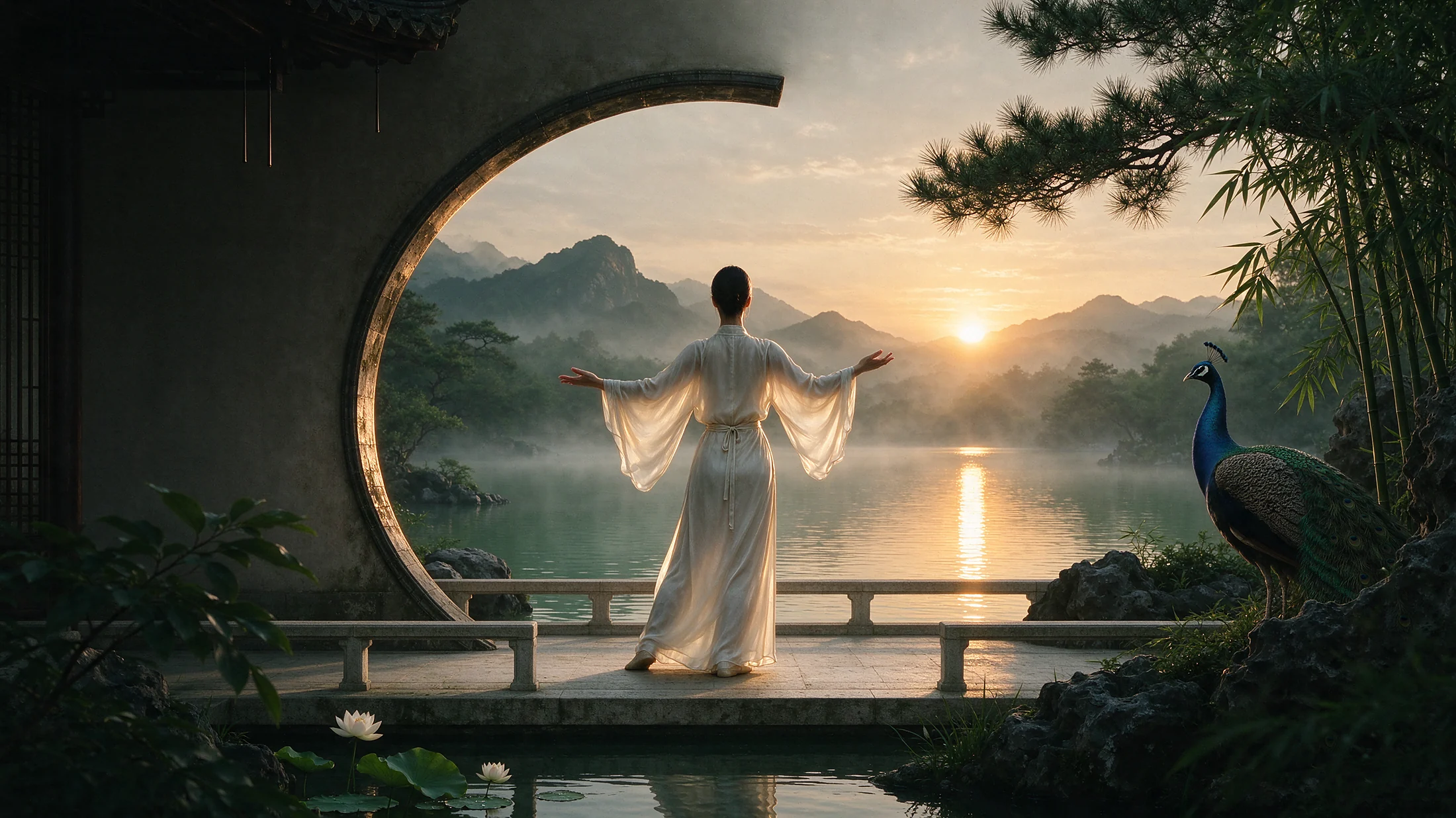 中国园林月门与远山，AI 概念场景